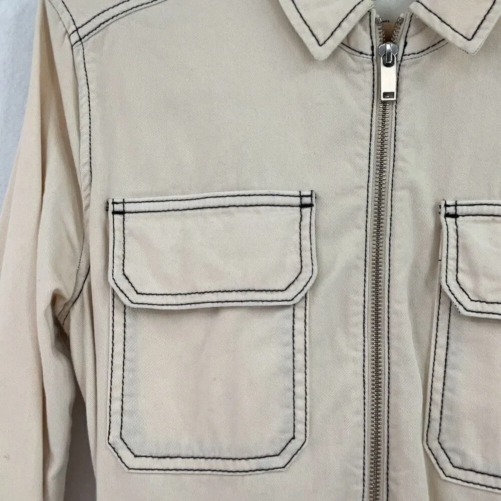 Zara Beige Cotton Linen Blend Boiler Suit Pockets Denim Utility Jumpsuit Small
